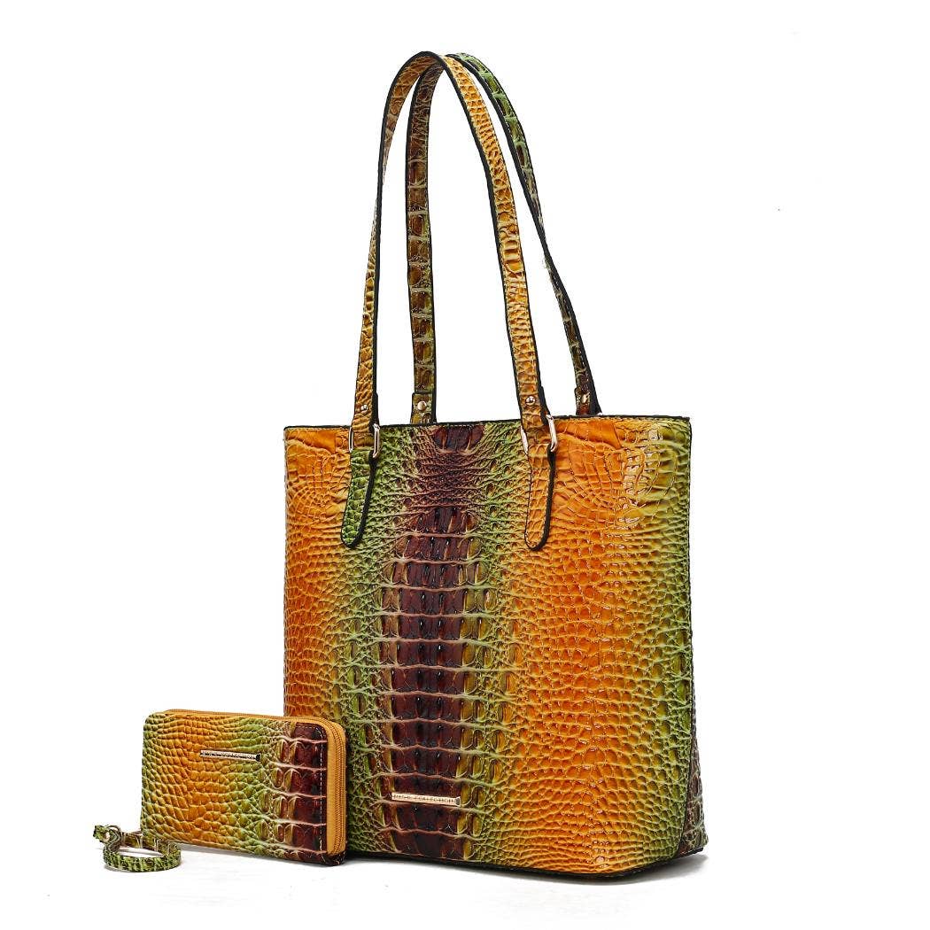 MKF Collection - MKF Piper Gradient Rainbow Embossed Tote Bag & Wallet: Turquoise