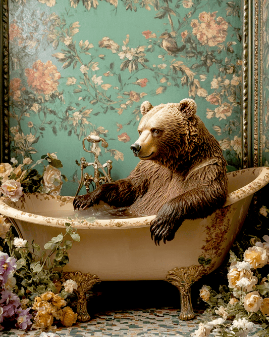 Mowbi - Grizzly Bear in Bathtub - Bathroom Wall Art Prints – 8″x10″ Artwork for 11″x14″ Frame