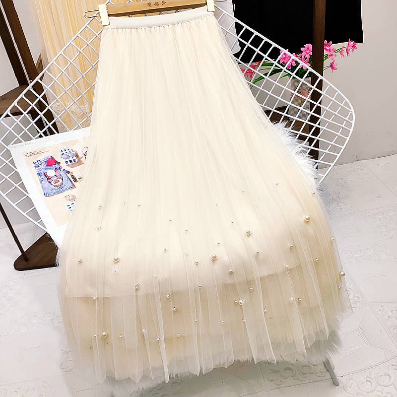 PEACH ACCESSORIES - Pleated Midi Skirt with Pearl Embellishments in Cream SK203