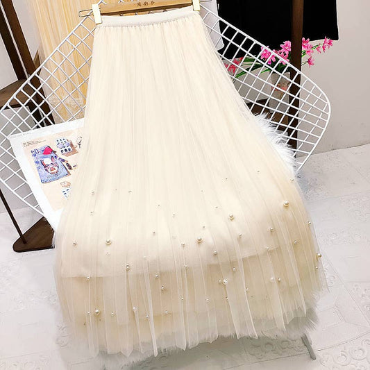 PEACH ACCESSORIES - Pleated Midi Skirt with Pearl Embellishments in Cream SK203