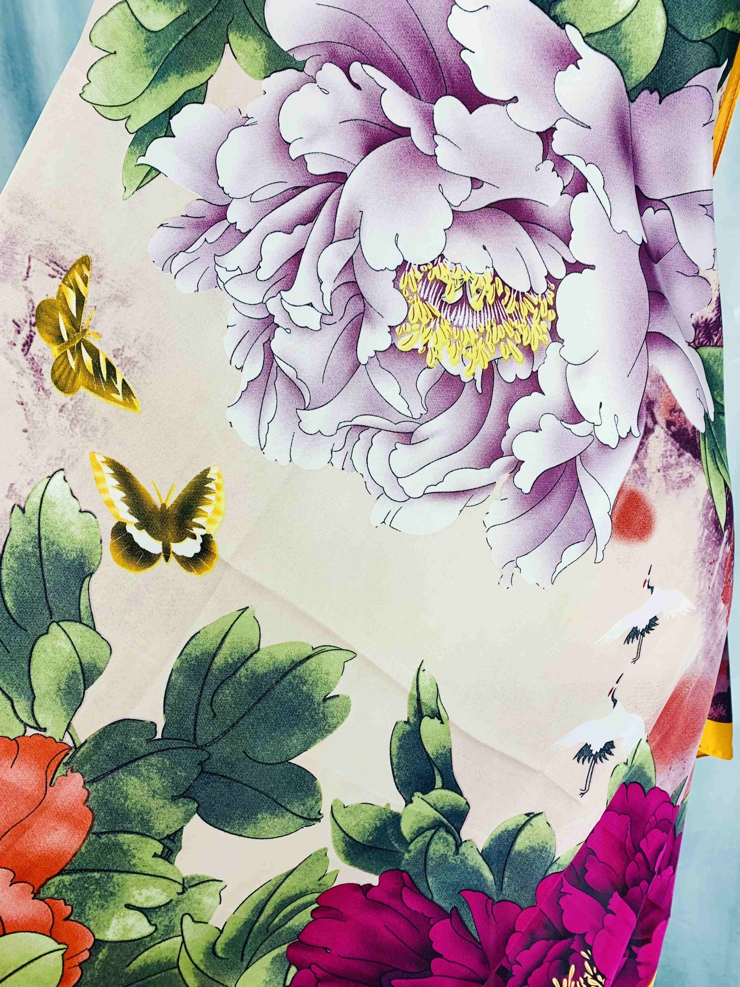 JC Sunny Fashion - JC023324 Silk-Feeling Purple-Multi Peony & Crane Scarf