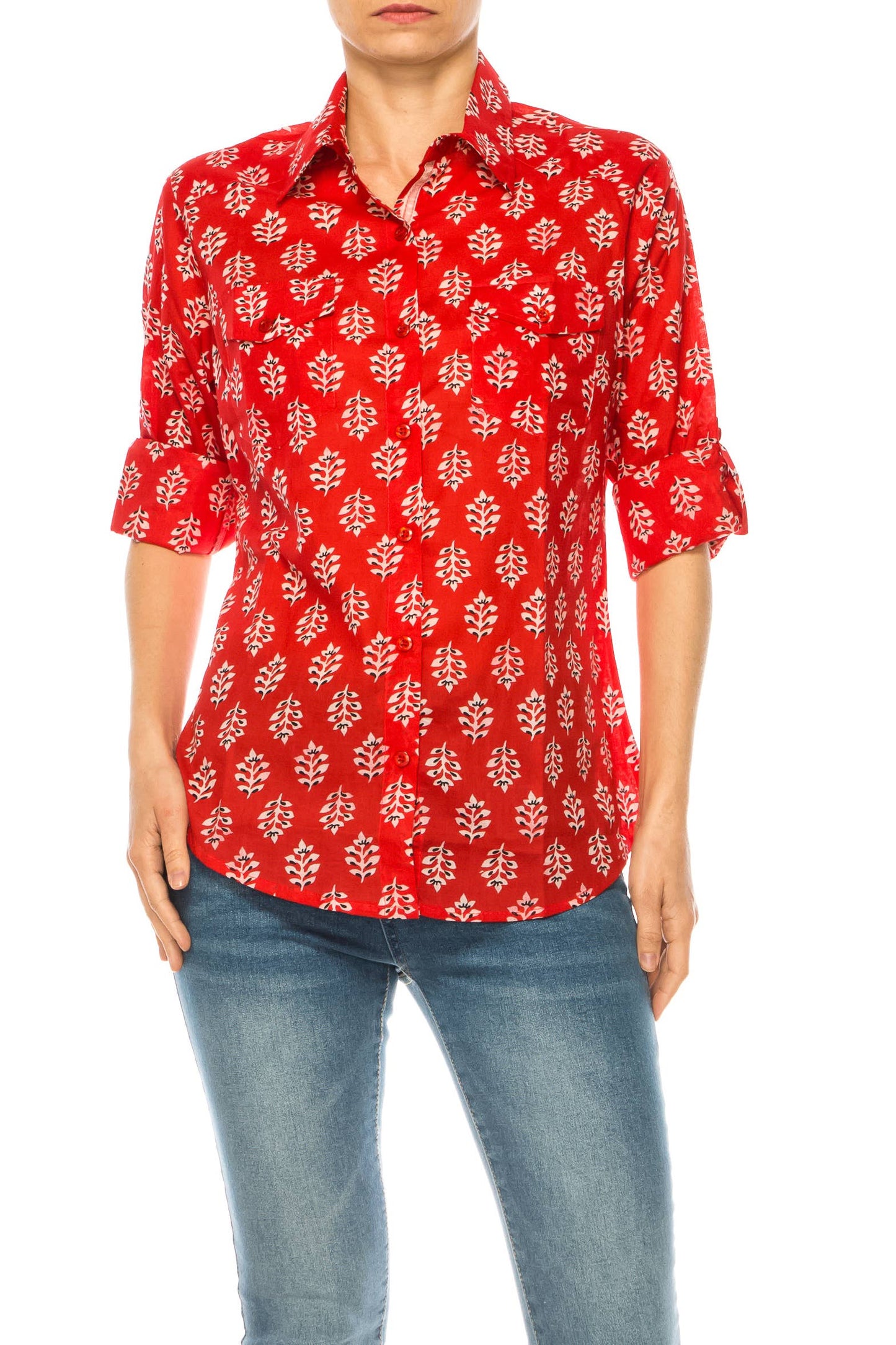 Magazine Clothing - Red Floral Button Down Shirt: Small
