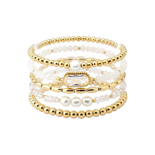 What's Hot - Set of 5 White Crystal, Pearl, and Gold Stretch Bracelets