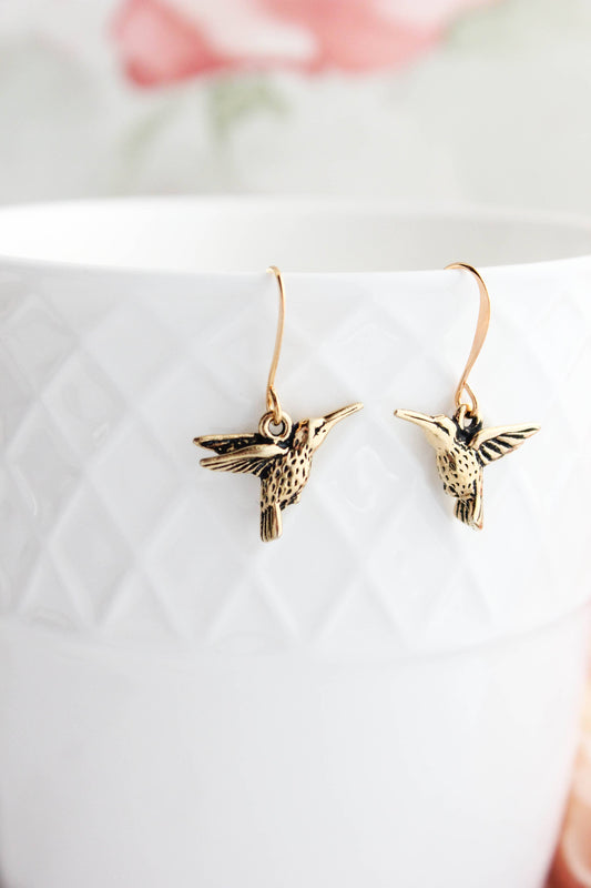 A Pocket of Posies - Hummingbird Earrings - antiqued gold