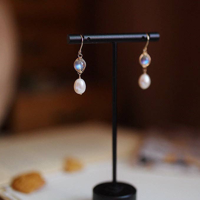 Haengseongworkshop - 18K Gold Plated 5mm Labradorite 8mm Freshwater Pearls Wire Wrapped Earrings
