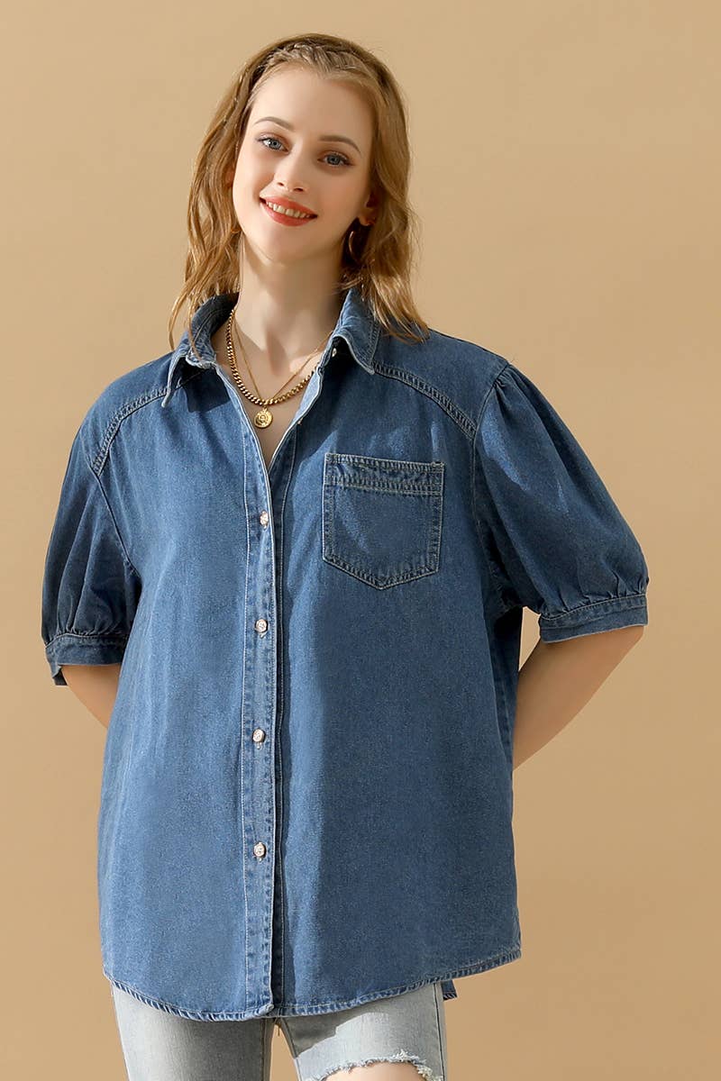 NINEXIS - CWJT0001-B_SHORT PUFF SLEEVE BUTTON DOWN DENIM SHIRTS: DENIM / (XL) 1