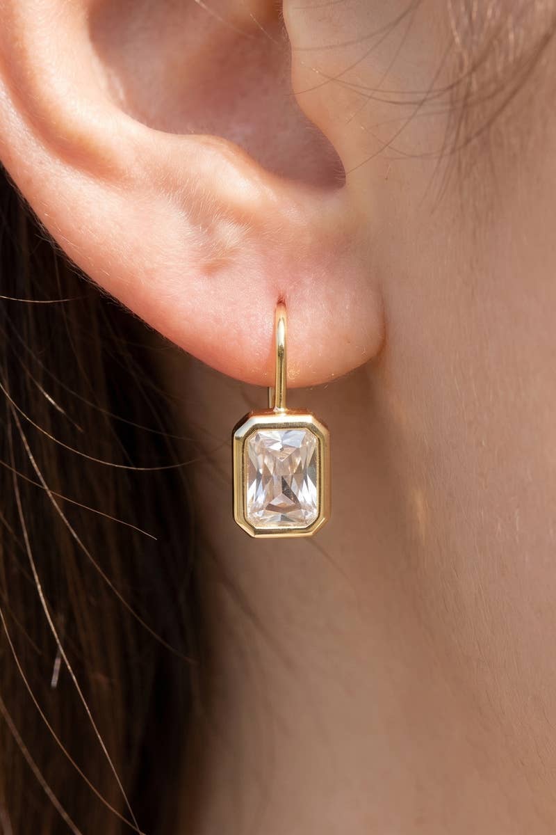 The Looks by Fame Accessories - Gold Dipped Emerald Cut Bezel Cz Wire Drop Earrings: 2SILVER