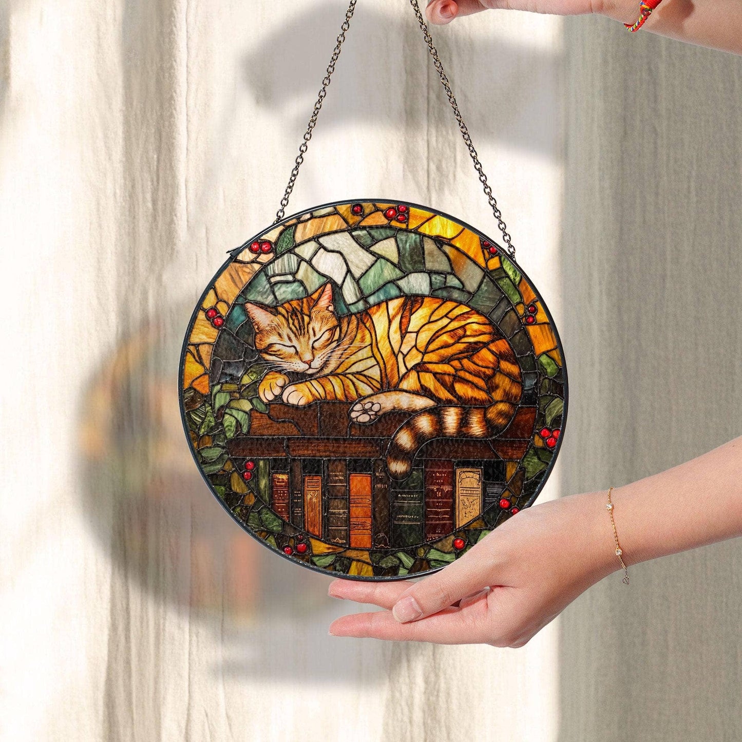 NVC Ecommerce LLC - Sleeping Cat On Books Stained Glass Suncatcher, Book Lover : 11.8in