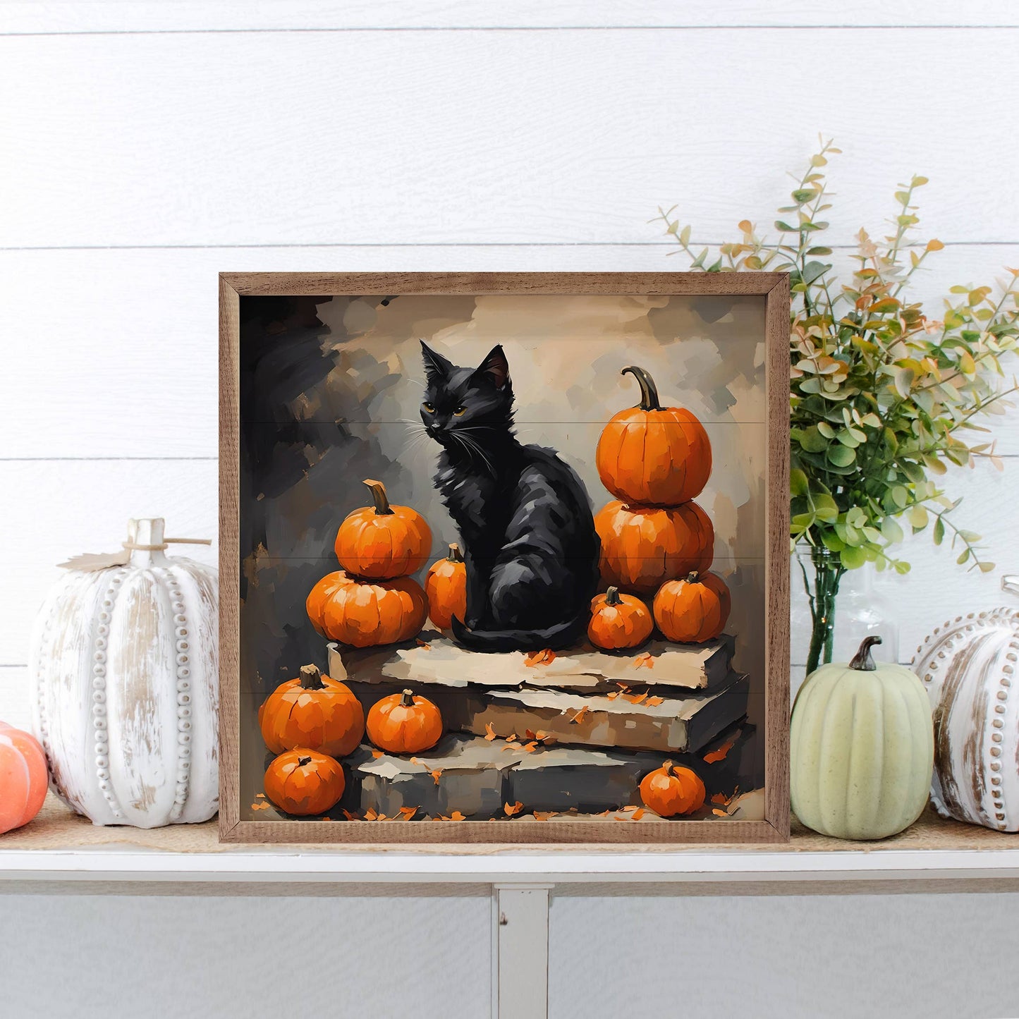 Kendrick Home - Black Cat With Pumpkin Stack: 12 x 12 x 1.5