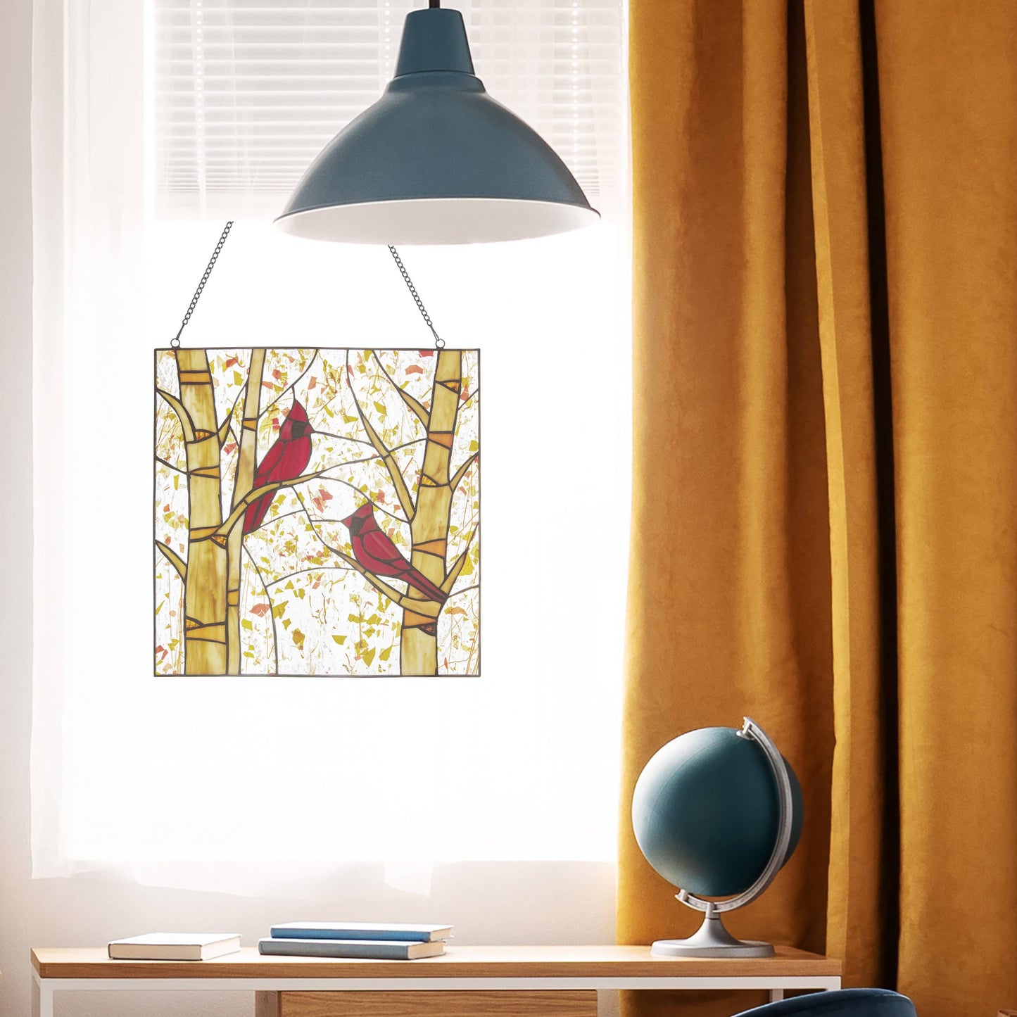 River of Goods - 14"H Eden Red Cardinals in Autumn Stained Glass Window Panel