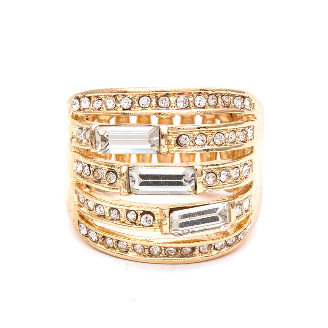 Artini Accessories - Crystal Baguette Stretch Cocktail Ring: Silver