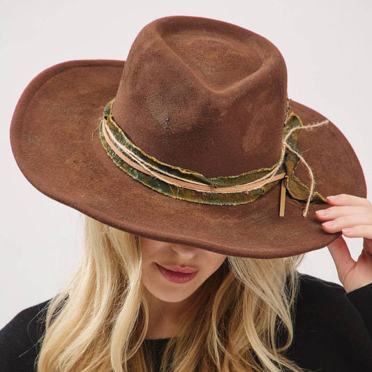 Sensibling Corp. - Vintage Inspired Distressed Fabric Suede Band Rustic Cowgirl Western Fedora Hat