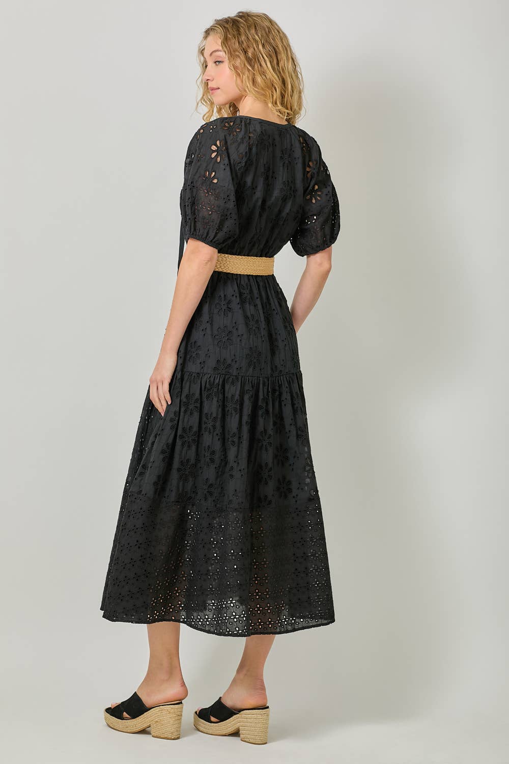 Mystree - 61037 Puff Sleeve Tiered Eyelet Dress: Ivory / Small