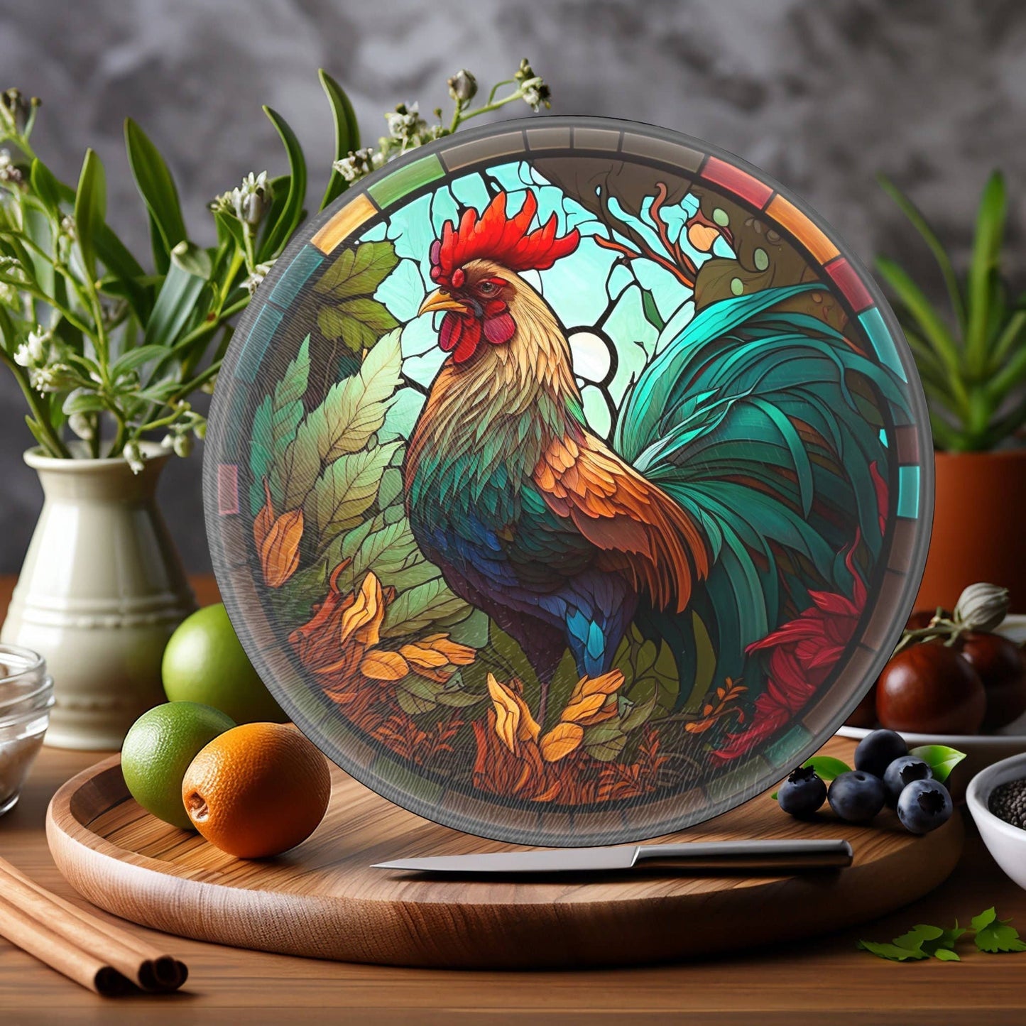 Fernville Creations - Rooster Tempered Glass Cutting & Serving Board: 12 Inch