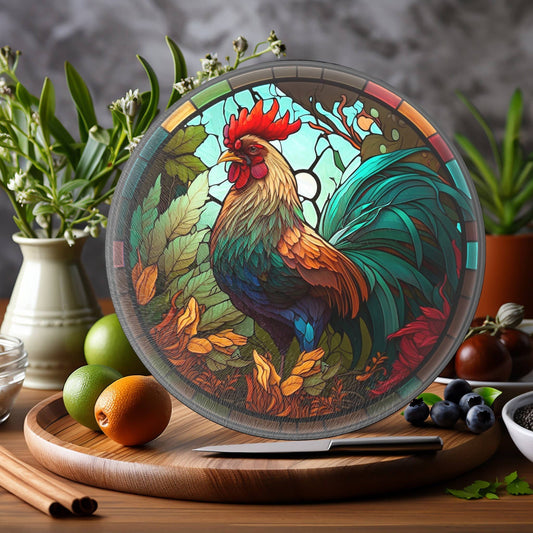Fernville Creations - Rooster Tempered Glass Cutting & Serving Board: 12 Inch