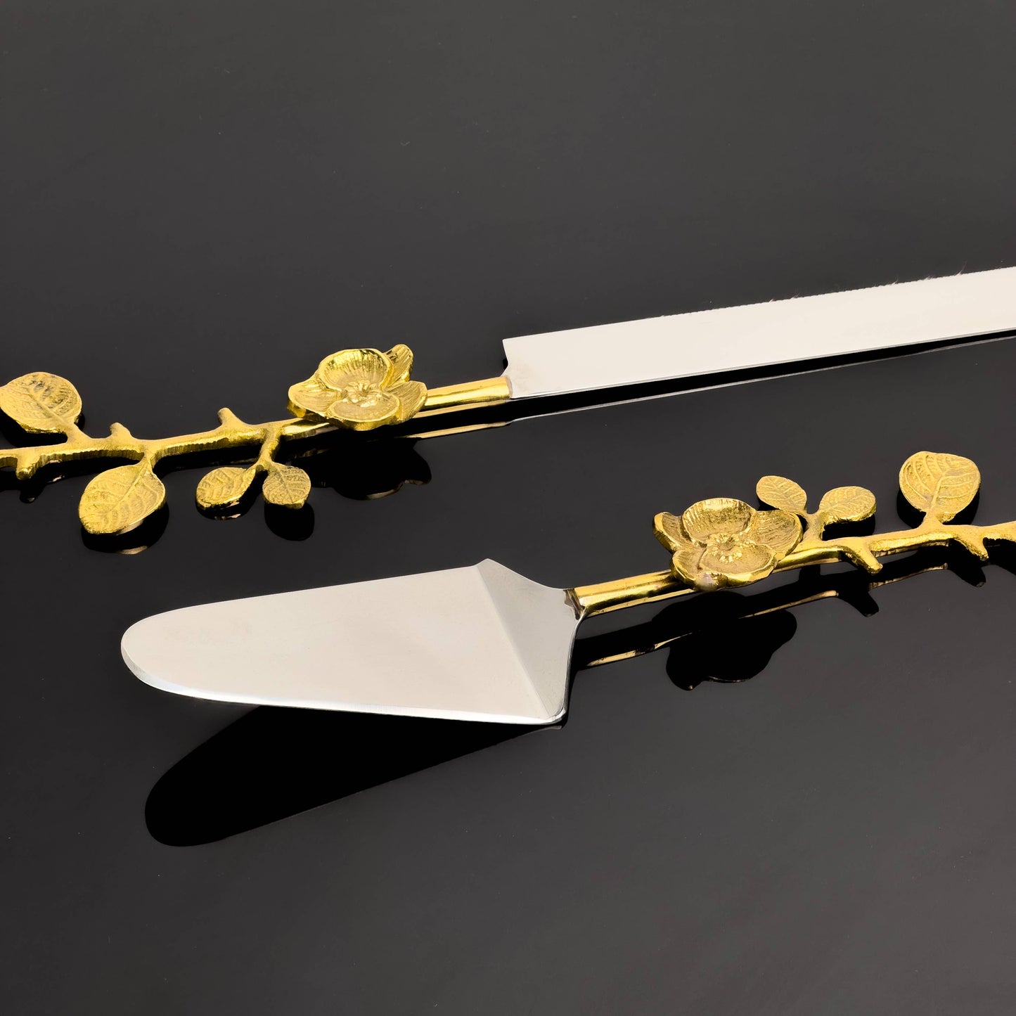 India Handicrafts Inc - Alu-Gold Floral Cake Servers, Set of 2