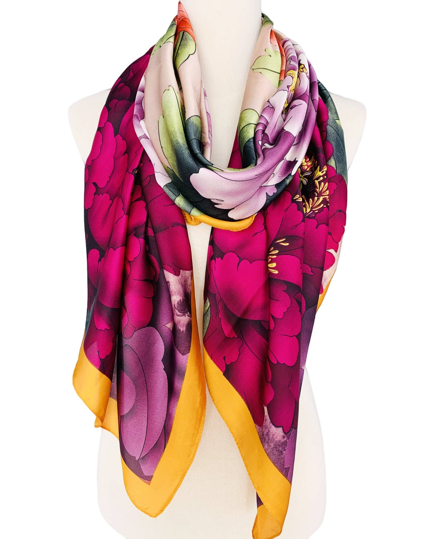 JC Sunny Fashion - JC023324 Silk-Feeling Purple-Multi Peony & Crane Scarf