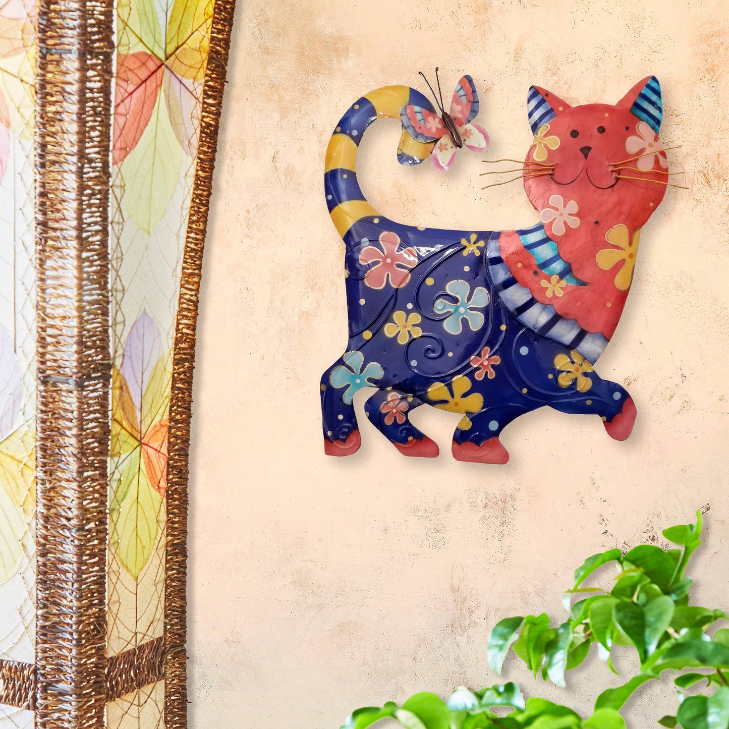 Eangee Home Design - Cat Wall Decor Blue And Red, Capiz & Metal, Outdoor Safe