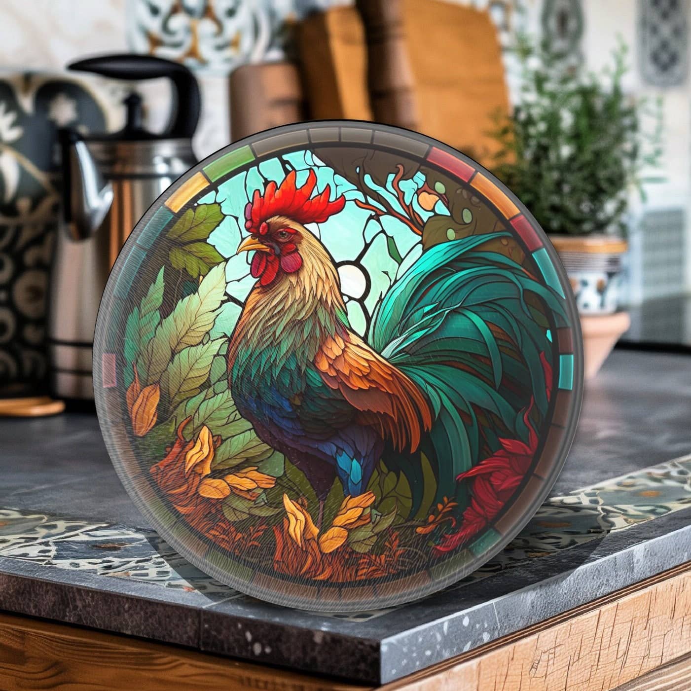 Fernville Creations - Rooster Tempered Glass Cutting & Serving Board: 12 Inch