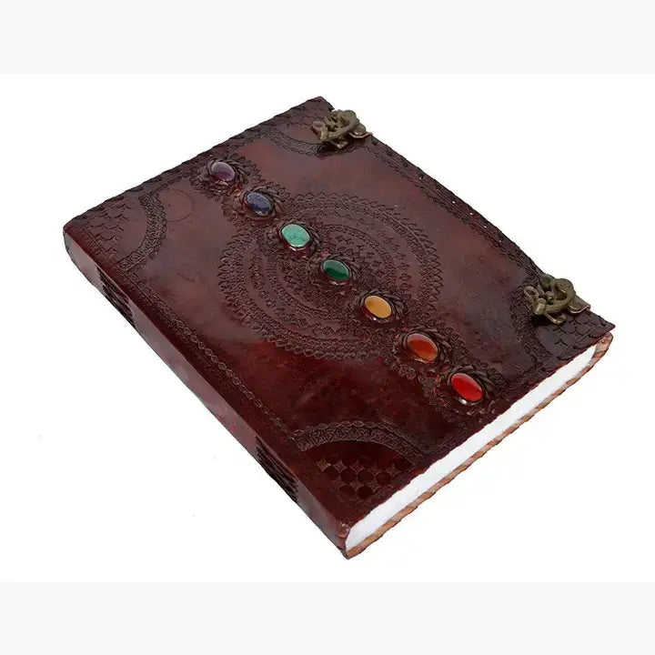 Tuzech Leather - Tuzech Handmade Vintage Seven Chakra Stone Embossed Diary: Brown / 10 x 7 inch / Unlined