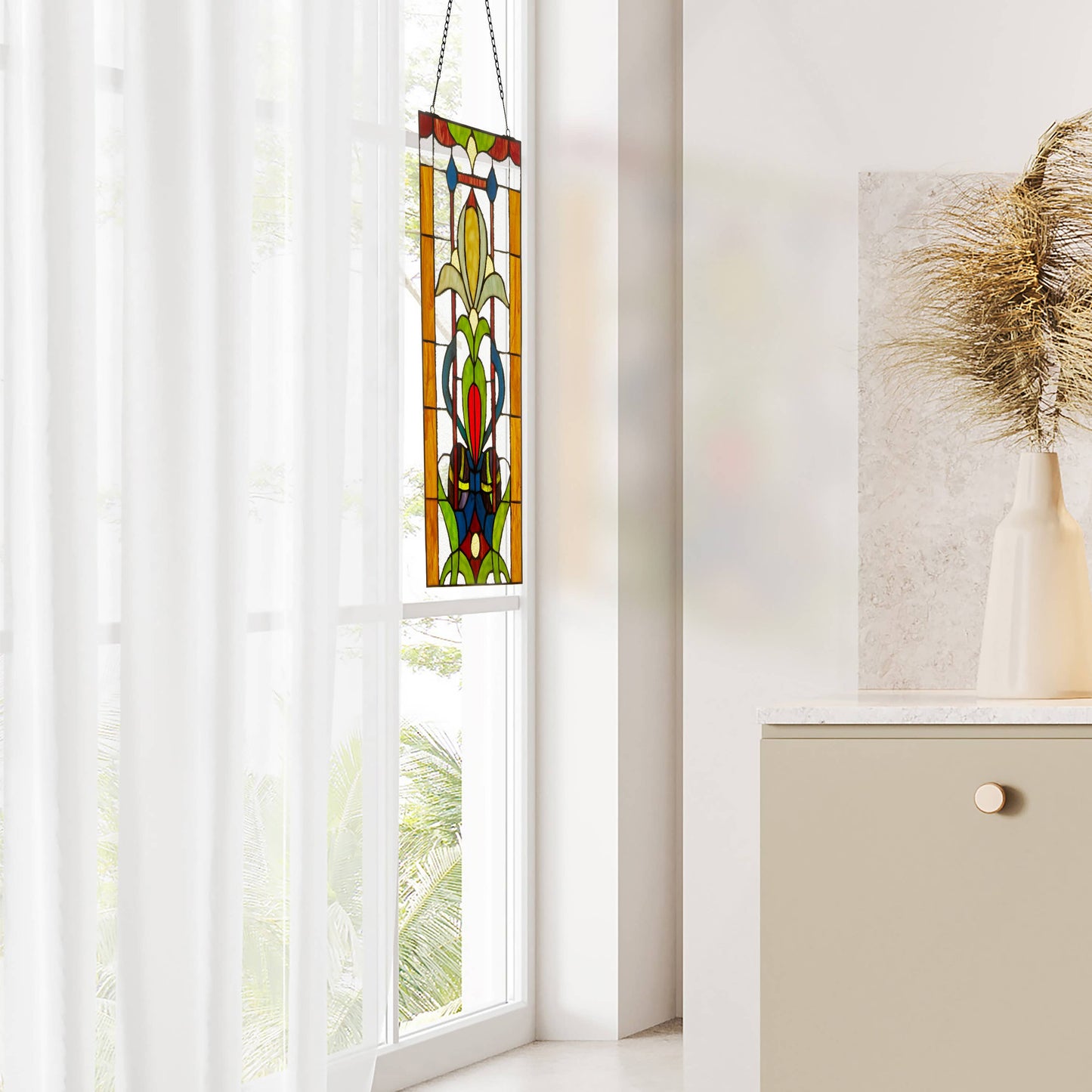 River of Goods - 24"H Fleur de Lis Pub Stained Glass Window Panel