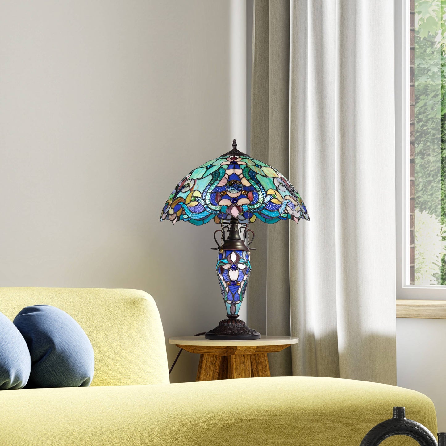 River of Goods - 24"H Double Lit Teal Tiffany Style Stained Glass Table Lamp