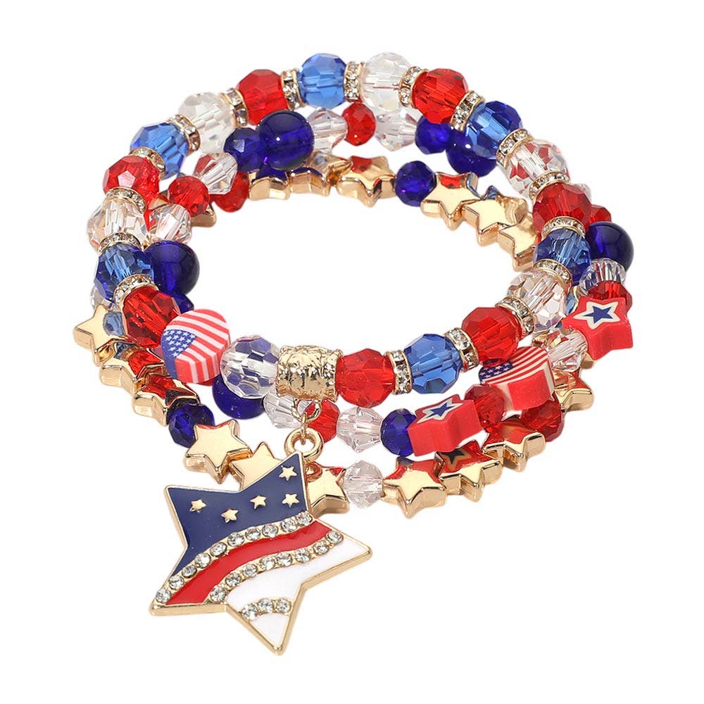 Sensibling Corp. - 3PCS - American USA Star Charm Faceted Beaded Stretch Multi Layered Bracelets