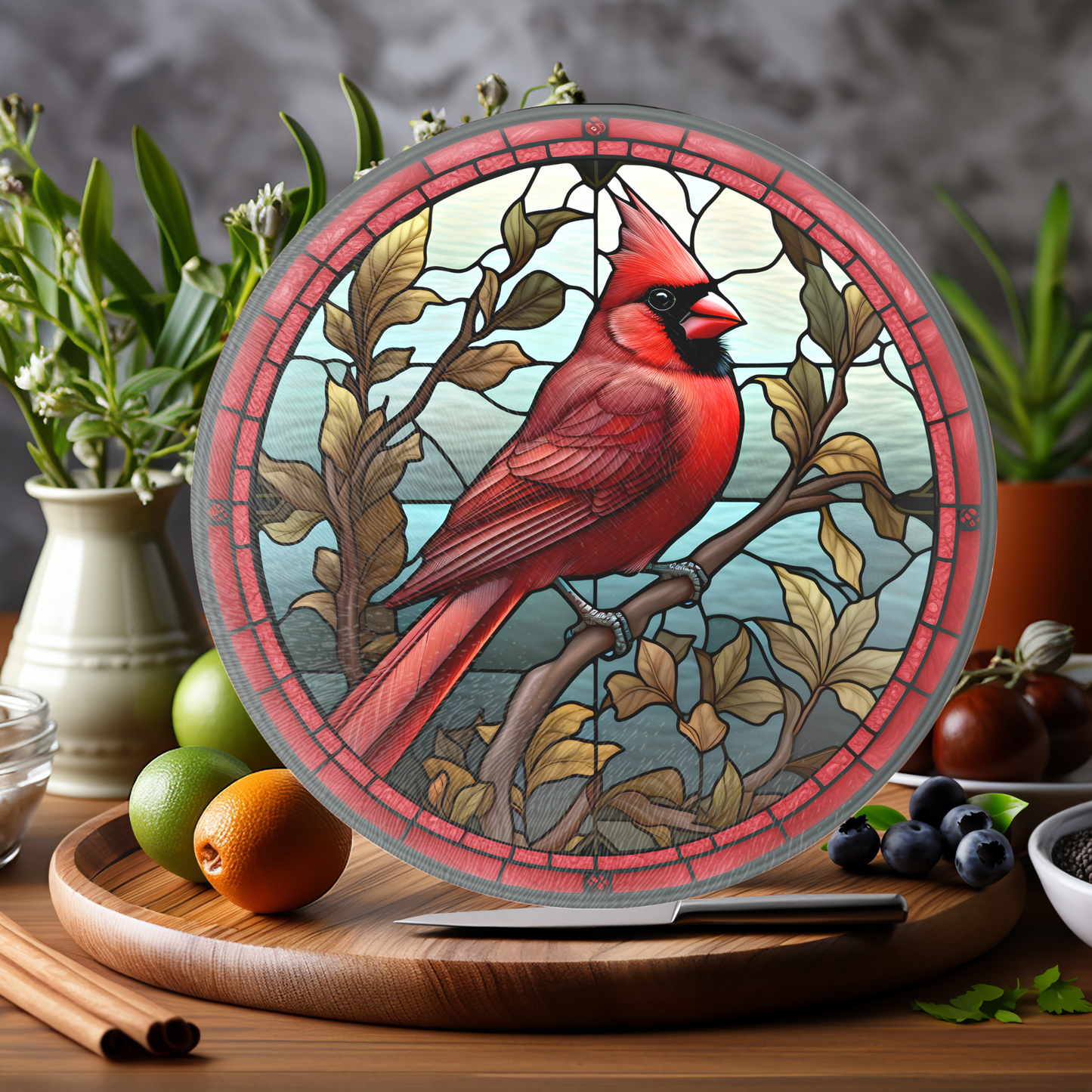 Fernville Creations - Glass Cardinals Cutting & Serving Board, Charcuterie Tray: 12 - Inch