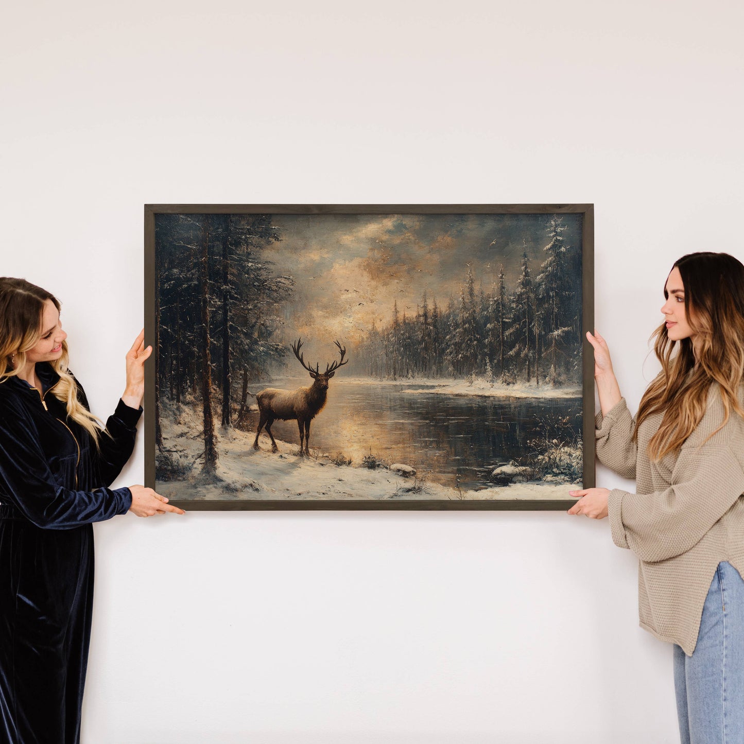 Hangout Home - Winter Lone Deer - Winter Canvas Wall Art - Wood Framed Art: 24x36" Extra Large Canvas Art with Thick Wood Frame