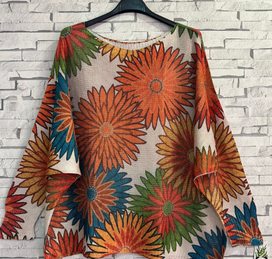 LOOWIE -  Z753 Orange Floral Round Knit Printed Sweater LOOWIE