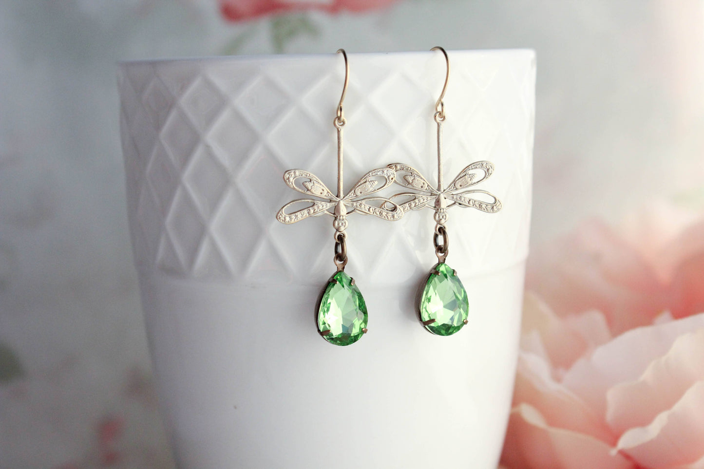 A Pocket of Posies - Dragonfly Earrings - Gold Patina and Green Glass