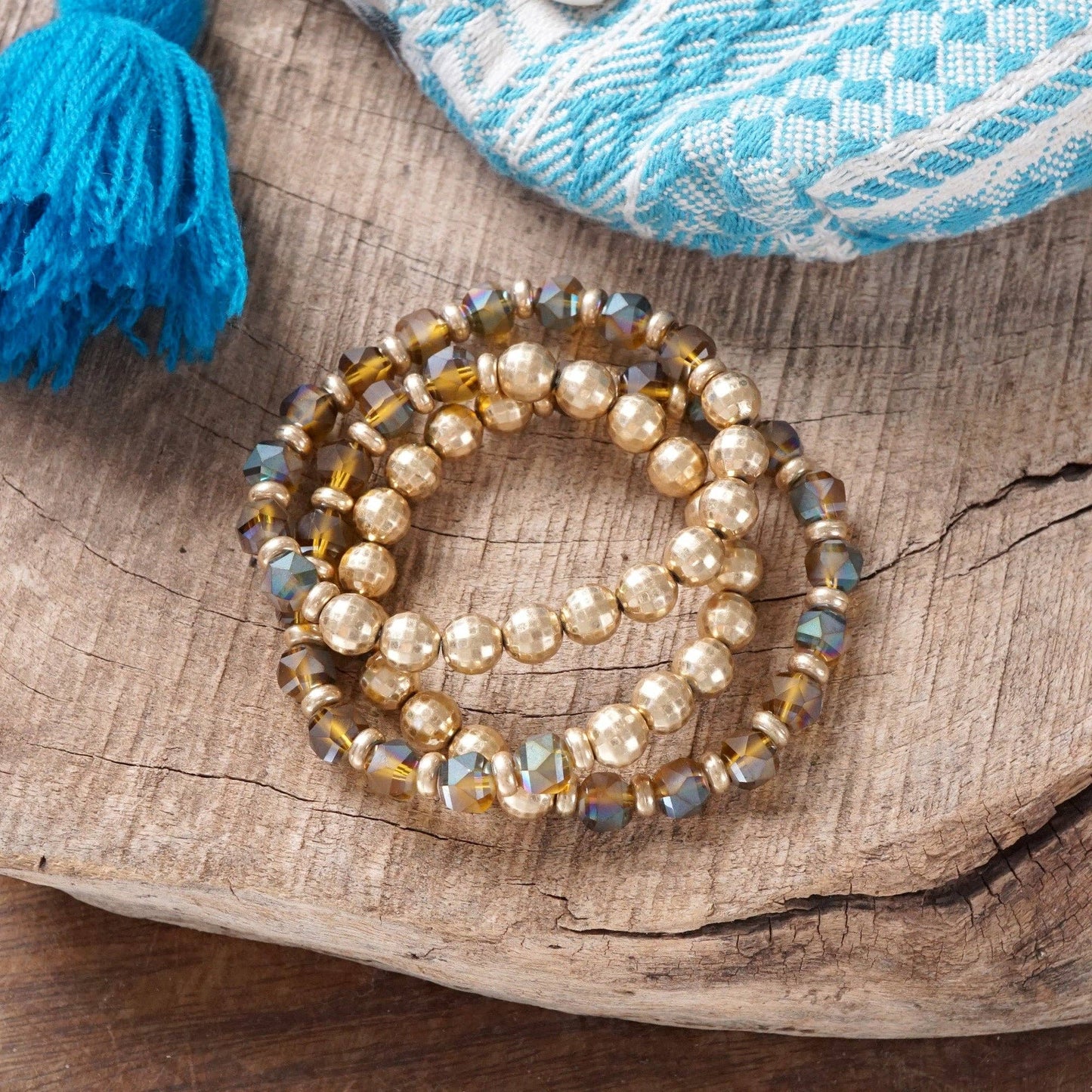 PennyLine inc - Festive Stretchy Beaded bracelet Sets - Gold, Black, Brown, Red: Natural Brown and Green