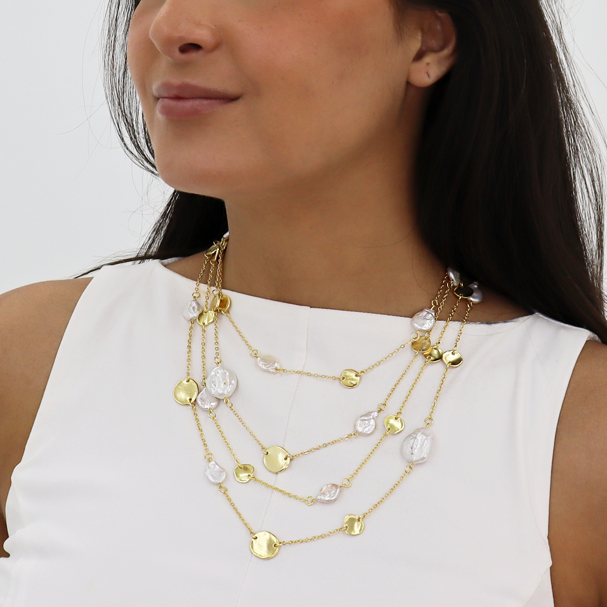 KARINE SULTAN - Chic Multi-Strand Coin & Flat Pearl Statement Necklace: Silver