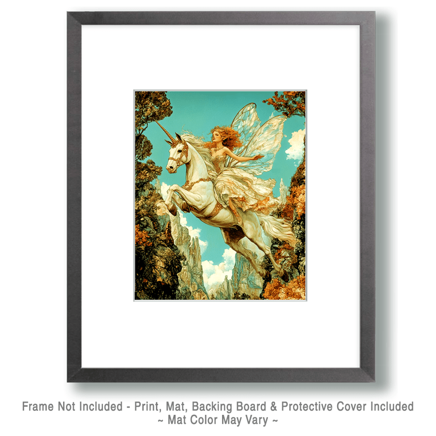 Mowbi - Fairy on a Wild Ride - Unicorn & Pegasus Wall Art Prints – 8″x10″ Artwork for 11″x14″ Frame