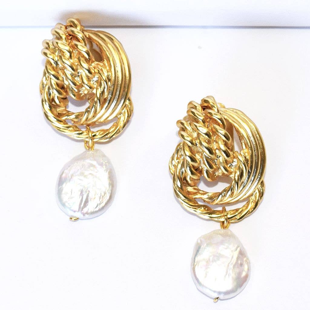 KARINE SULTAN - Twisted rope knot clip on earrings with flat pearl drop