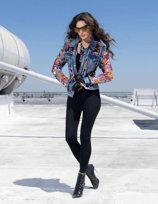 Adore - A7217-86C DENIM JACKET WITH FLORAL EMBROIDERED SEQUENCE: M