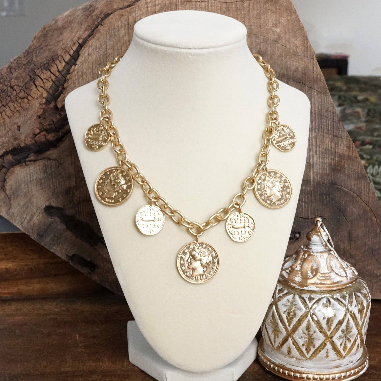 PennyLine inc - Boho Coin Charms Statement Necklace – Gold Tone