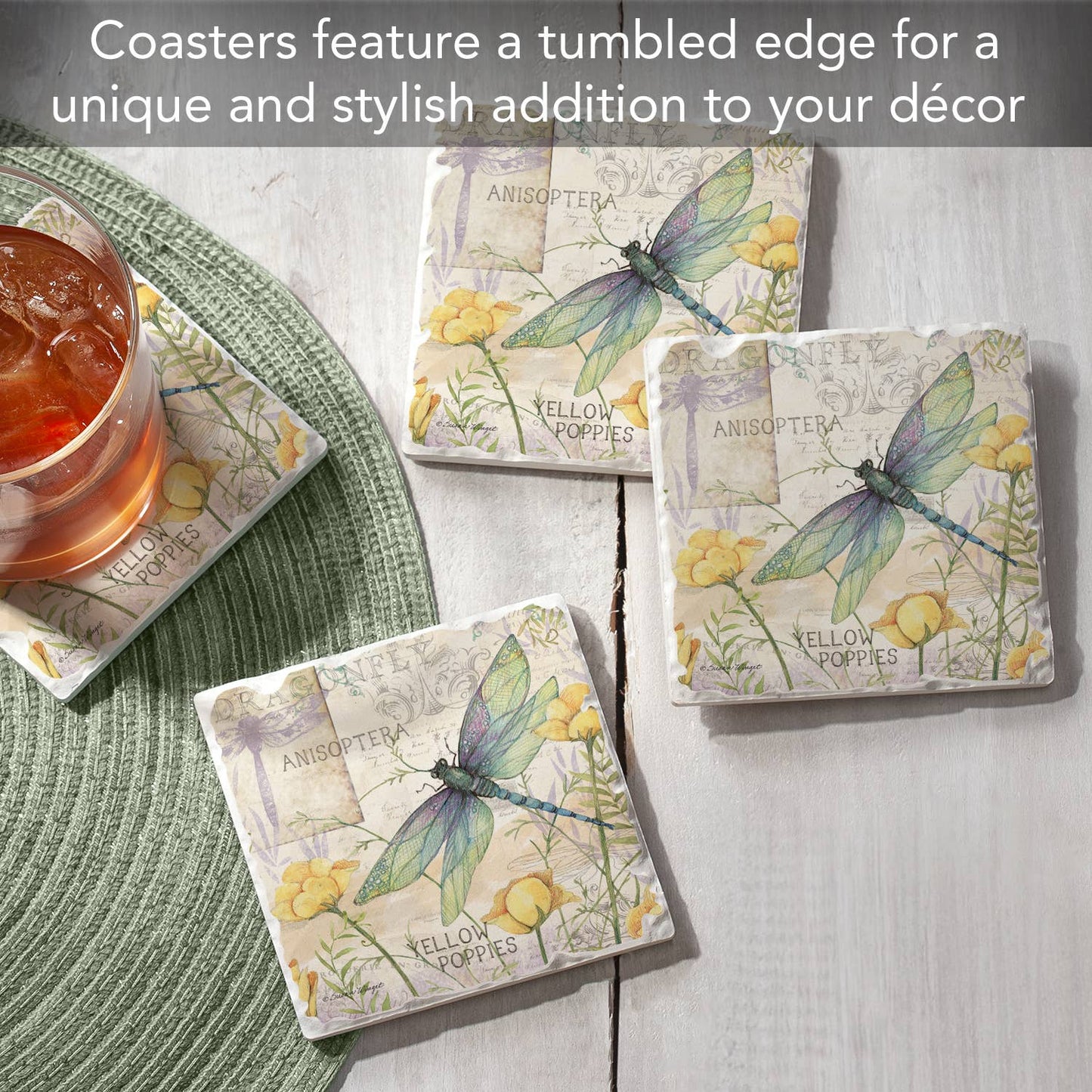 CounterArt/Highland Home/Thirstystone - "Dragonfly Poppies" 4 Pack Tumbled Tile Coasters