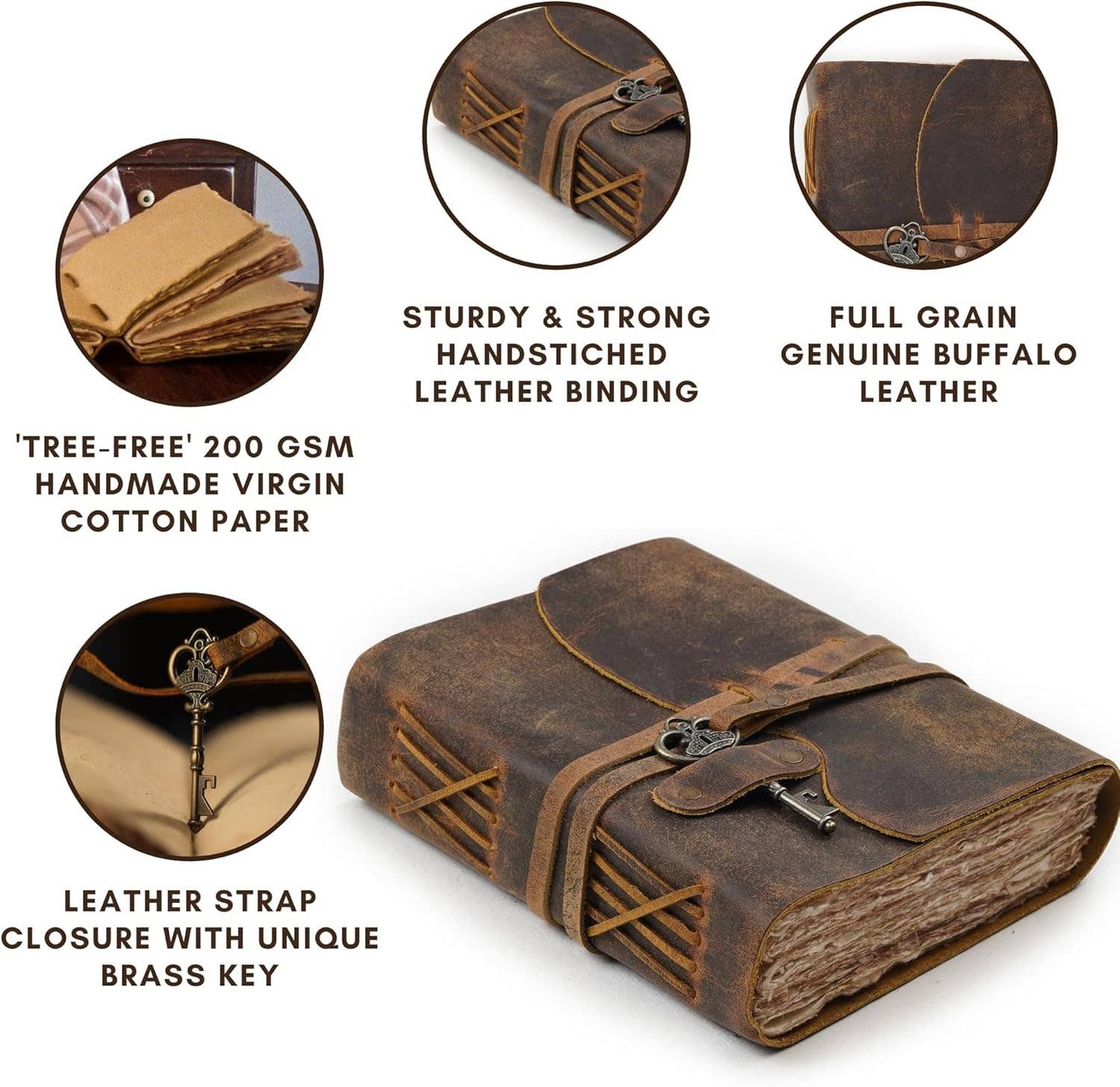 Tuzech Leather - Vintage Journal Retro Travel Diary an Exclusive Handmade Paper Notebook with Key Leather Bound Book Of Shadows Hocus Pocus for Man and Women: Brown / Unlined 7 x 5 Inches