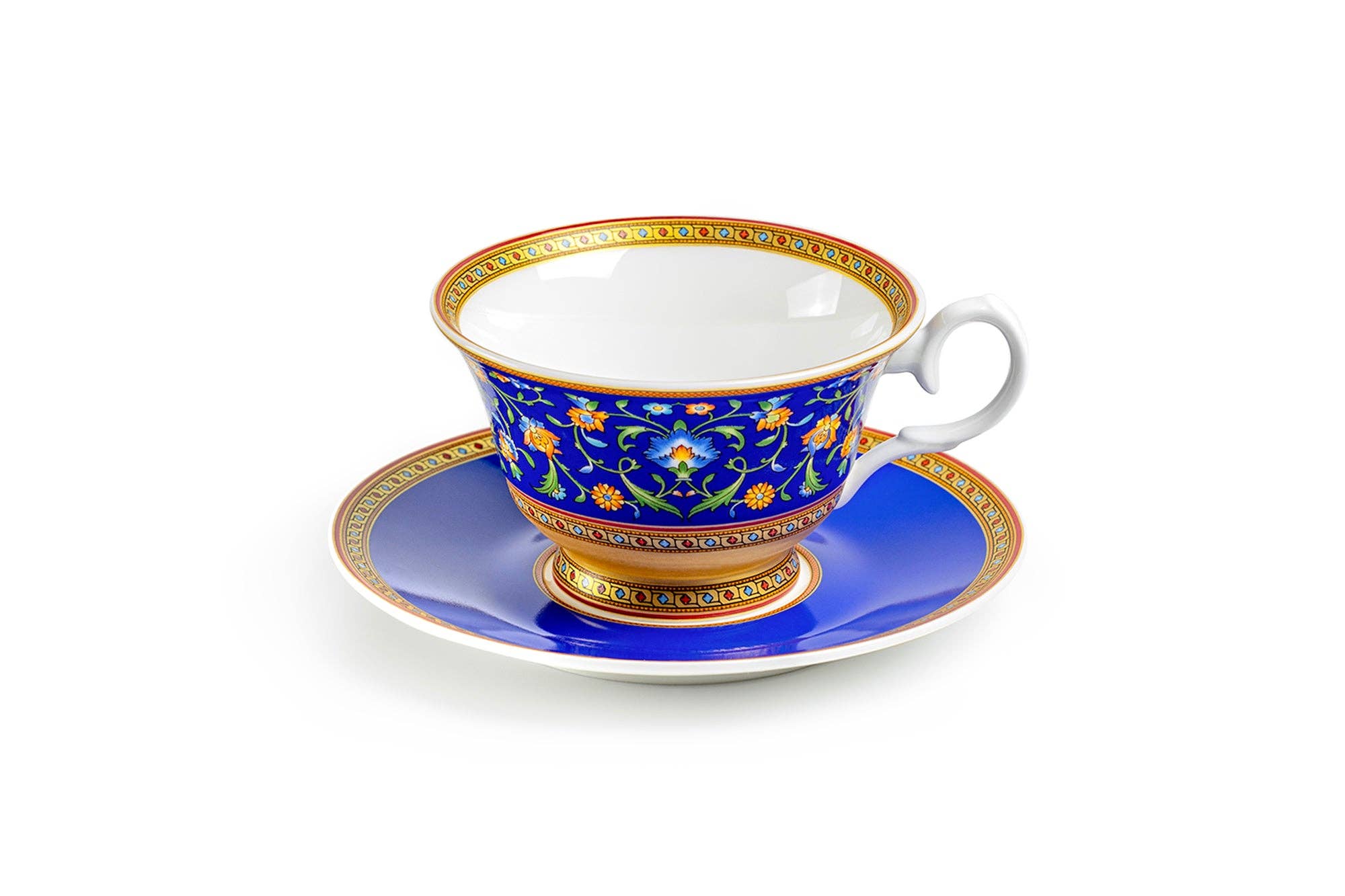 Royal Blue Floral Bone China Tea Cup and Saucer - Thumbnail 4
