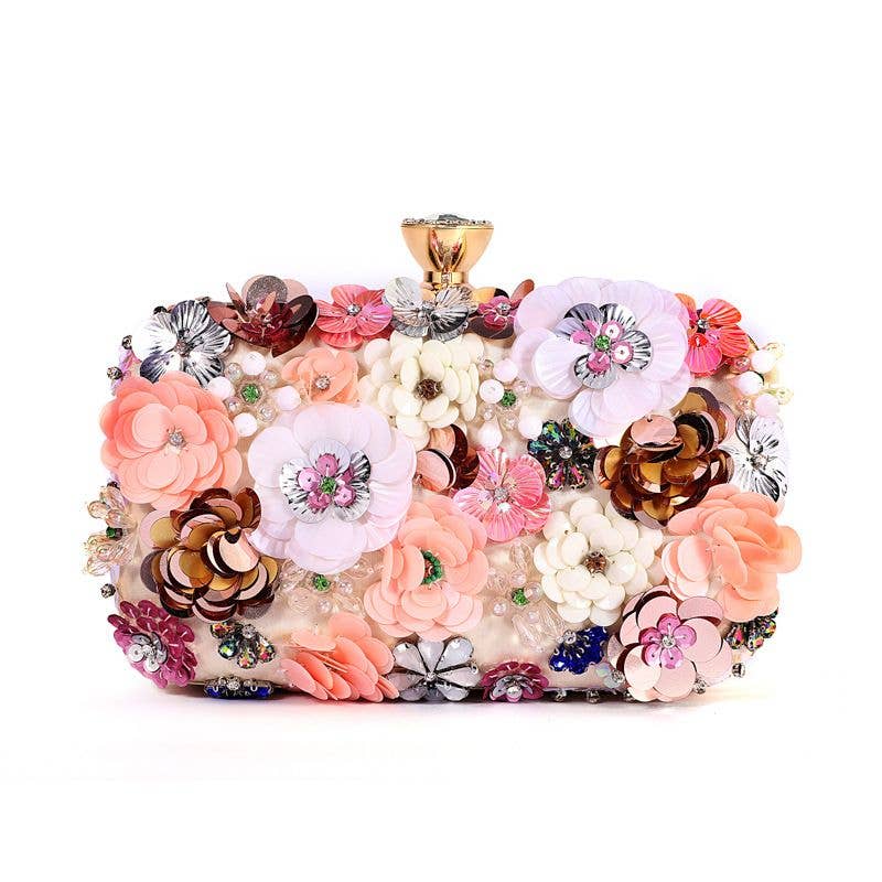 PEACH ACCESSORIES - K020 Floral Embellished Clutch Bag: Pink