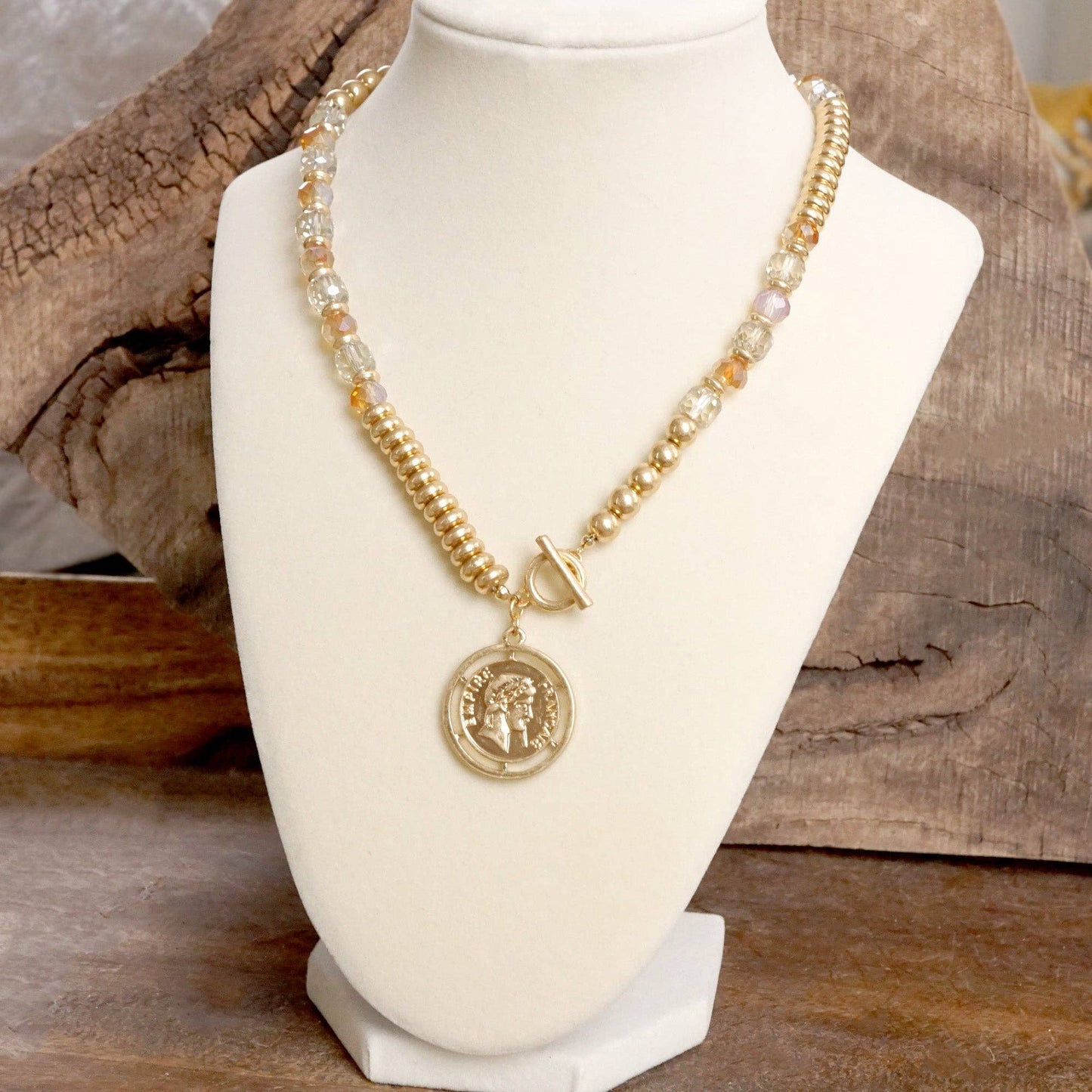 PennyLine inc - Front Toggle Coin Beaded Necklace With Glass and Golden Beads: Neutral