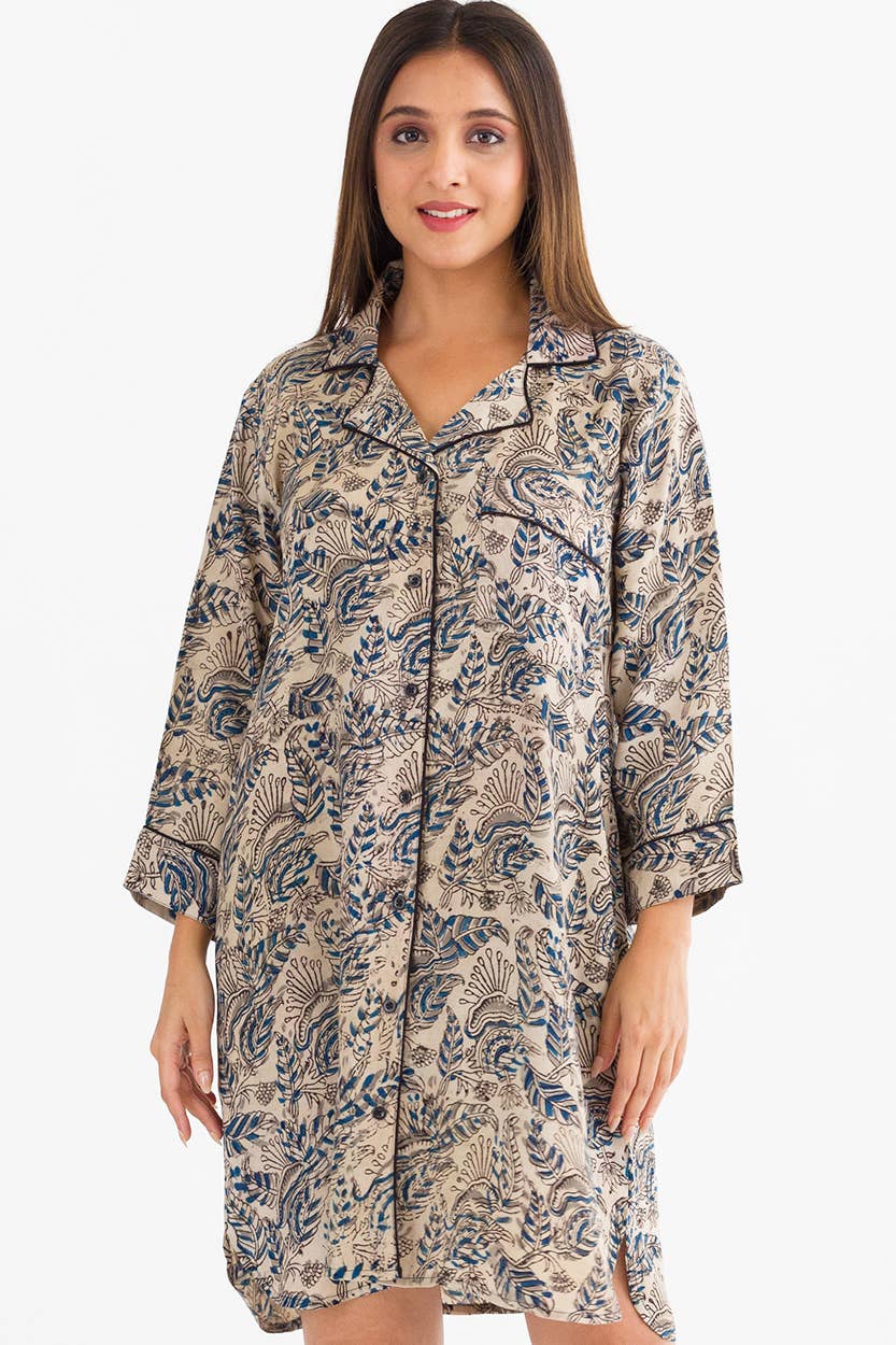 Sevya Handmade - Kalamkari Nightshirt: L/XL / Blue & Silver