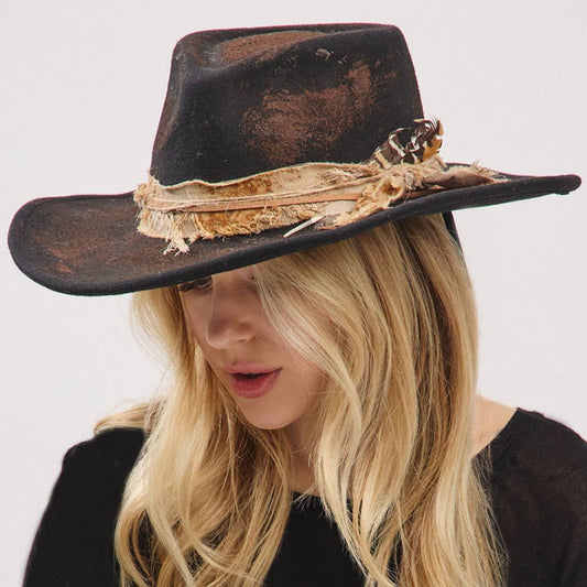 Sensibling Corp. - Vintage Feather Accent Distressed Fabric Bow Band Western Rustic Cowgirl Fedora Hat