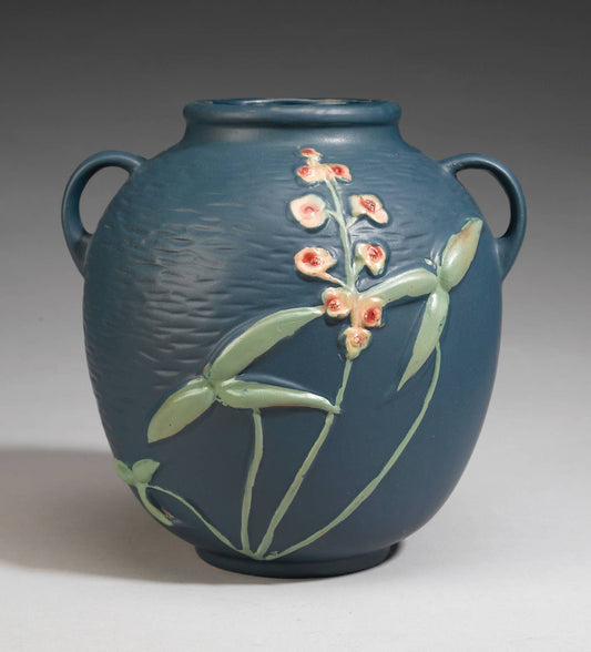 AA Importing - Roseville-Style, Arrowhead Pot in Brown & Blue, 9": Blue