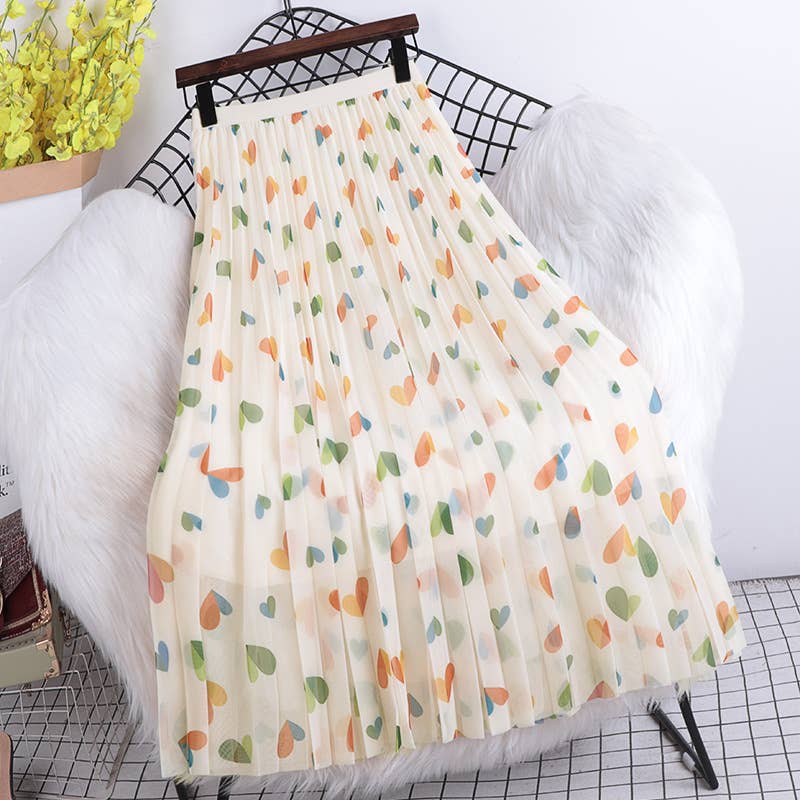 PEACH ACCESSORIES - SDK154 Hearts pattern pleated skirt: Blue