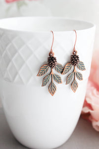 A Pocket of Posies - Branch and Pine Cone Earrings -Blush Mint Copper Patina