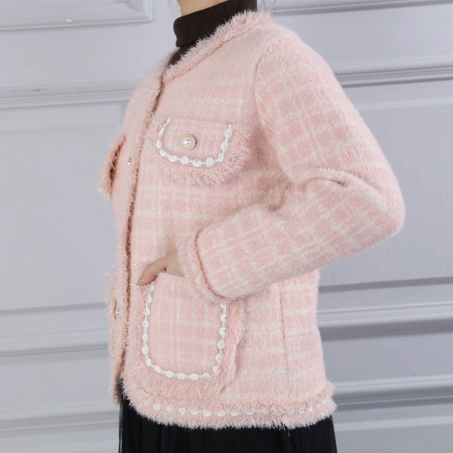 PEACH ACCESSORIES - SD187 Tweed soft cardigan: Black