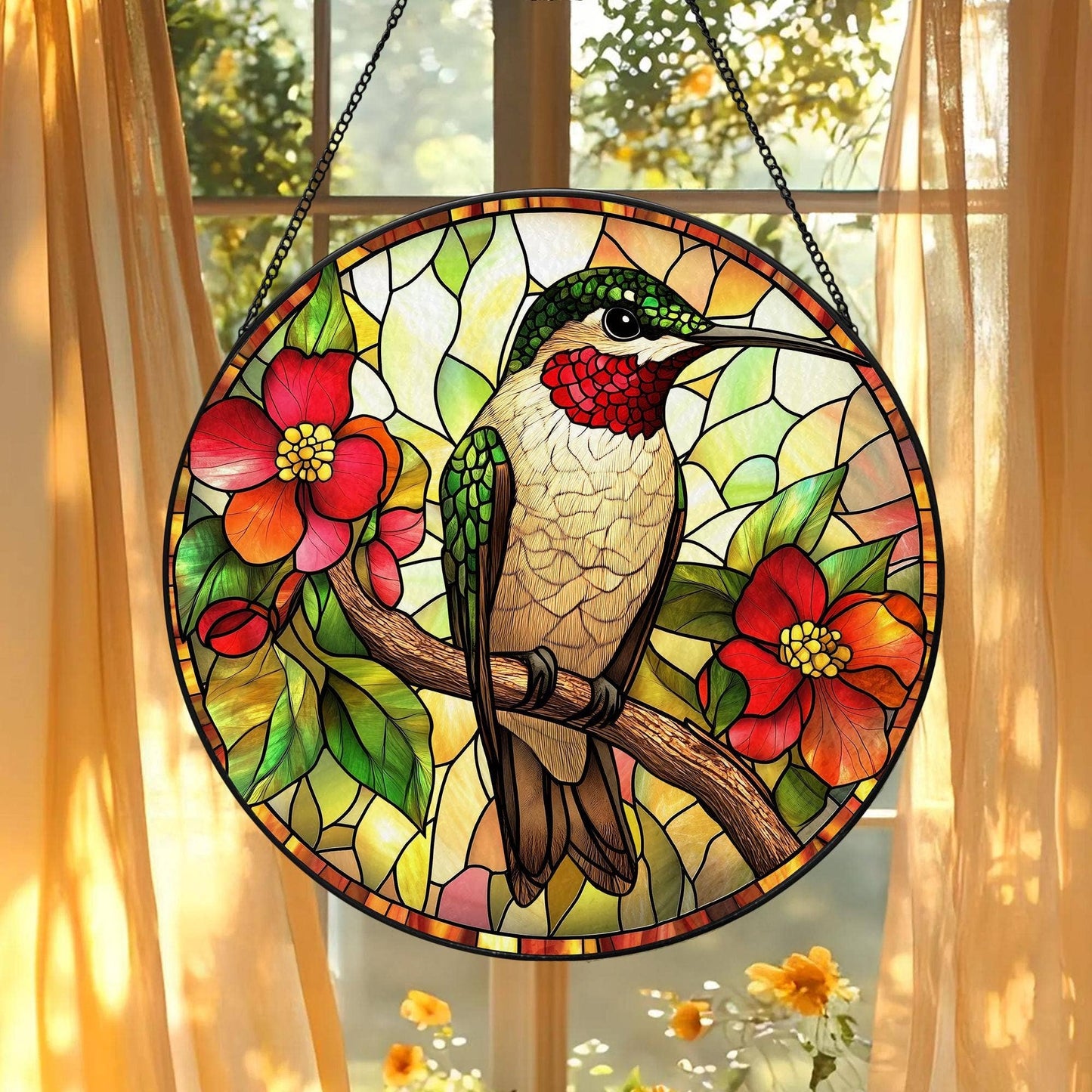 NVC Ecommerce LLC - Hummingbird Stained Glass Suncatcher, Bird Watching Decor: 11.8in
