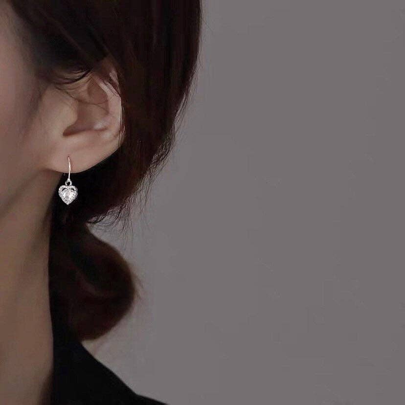 Haengseongworkshop - Silver Dangle Ear Wire Love Heart Mini Alloy Cubic Zirconia Charms Platinum Tone Dangle Pendant 10mm